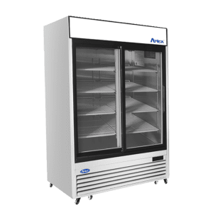 MCF8709GR — 55"-Wide Two (2) Glass Sliding-Door S/S Bottom-Mount Merchandiser Refrigerator