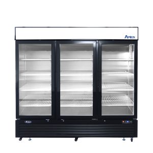 MCF8724GR — 82"-Wide Three (3) Glass Swing-Door Black Cabinet Bottom-Mount Merchandiser Refrigerator