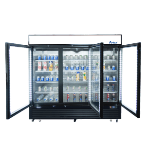 MCF8724GR — 82"-Wide Three (3) Glass Swing-Door Black Cabinet Bottom-Mount Merchandiser Refrigerator