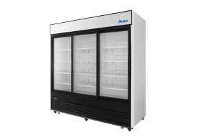 MCF8729GR — 82"-Wide Three (3) Glass Sliding-Door Black Cabinet Bottom-Mount Merchandiser Refrigerator