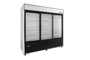 MCF8729GR — 82"-Wide Three (3) Glass Sliding-Door Black Cabinet Bottom-Mount Merchandiser Refrigerator