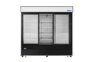 MCF8729GR — 82"-Wide Three (3) Glass Sliding-Door Black Cabinet Bottom-Mount Merchandiser Refrigerator