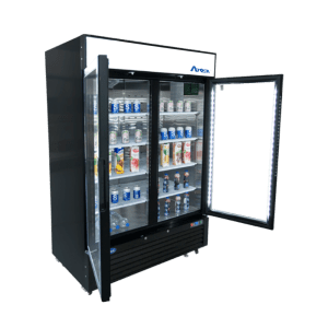 MCF8733GR — 40"-Wide Two (2) Glass-Door Black Cabinet Bottom-Mount Merchandiser Refrigerator