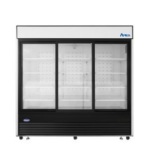 MCF8729GR — 82"-Wide Three (3) Glass Sliding-Door Black Cabinet Bottom-Mount Merchandiser Refrigerator